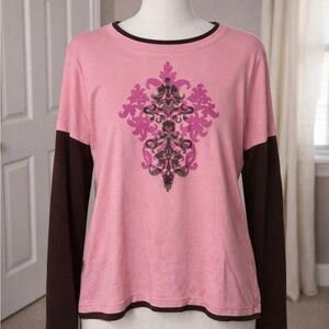 Elegant Pink and Brown Long Sleeve Women's Top